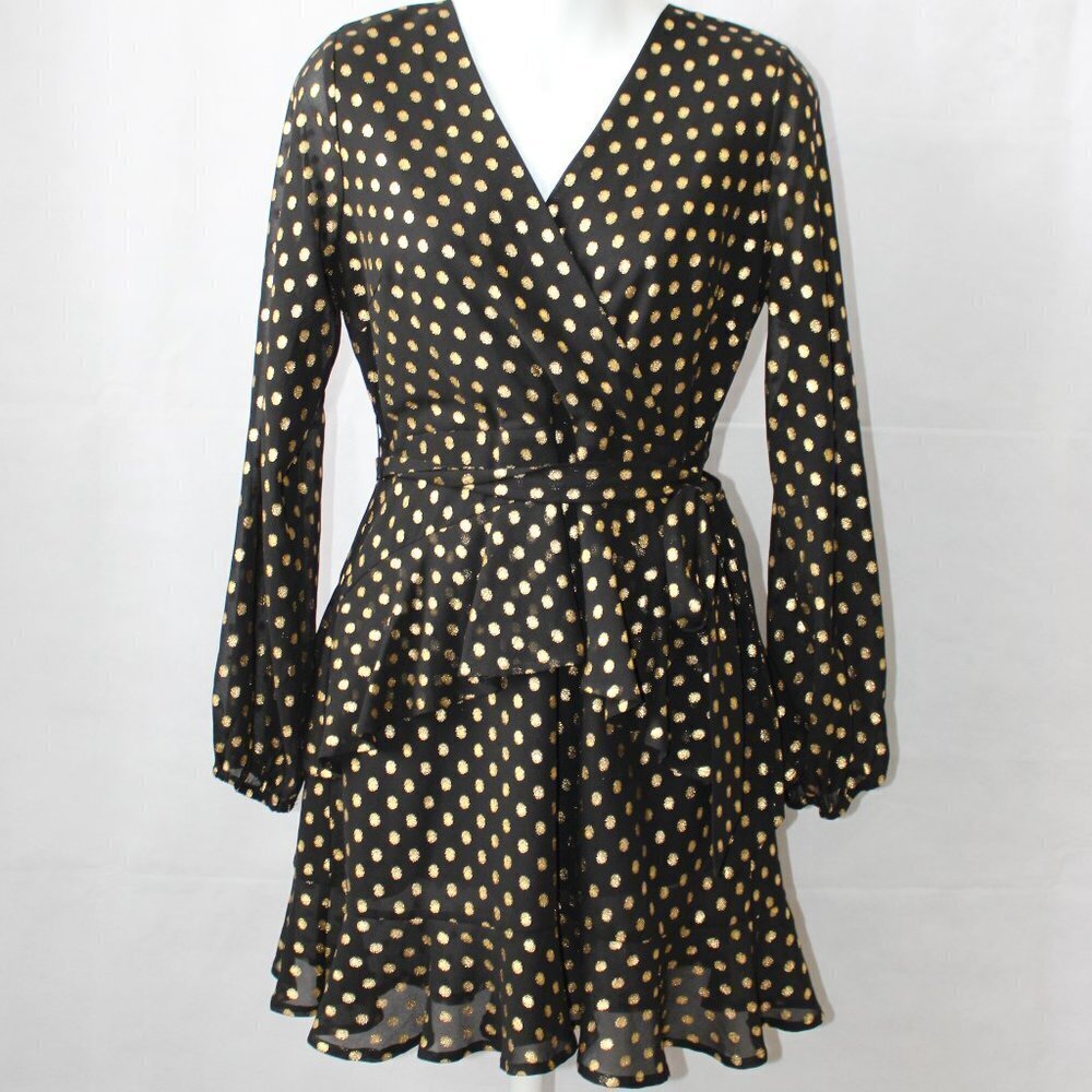 Altar'd State Women's Tiered Black and Gold Polka Dot V neck Dress Size Small